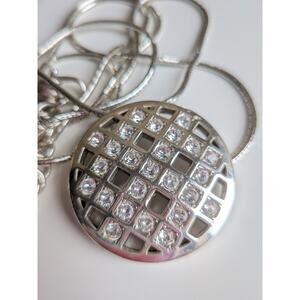 Brighton BONJOUR Silver Tone Round Pendant Long Necklace w/ Rhinestones 32-34in